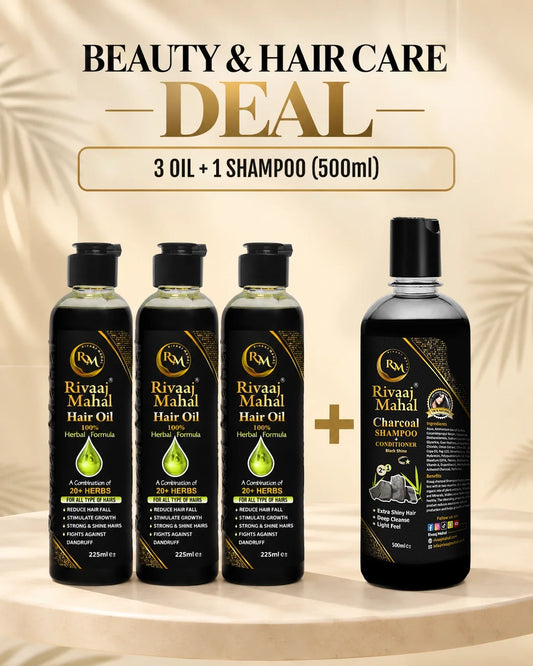 Rivaaj Mahal 3 Hair Oils + 500ml Charcoal Shampoo Combo